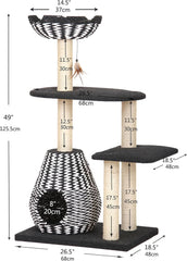 PetPals Ace 4-Level Multi-Activity Cat Tree with Felt Perches, Handwoven Recycled Paper Rope Condo, Sisal Scratching Posts, Feather Teaser Toy, Eco-Friendly & Stylish Cat Furniture, Black & White