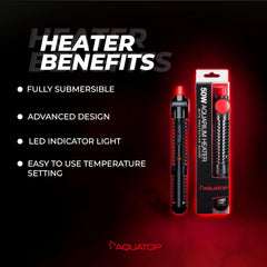 Aquatop Premier Glass Heater with Guard – Submersible for Fish Tanks Up to 13 Gallons – 68-93°F Adjustable Temp – Fresh & Saltwater Use