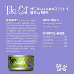 Tiki Cat Luau Pâté, Ahi Tuna & Mackerel Recipe in Tuna Consumme, Grain-Free Balanced Nutrition Wet Canned Cat Food, for All Life Stages