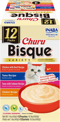 INABA Churu Bisque for Cats, Creamy Lickable Purée Side Dish with Vitamin E, 1.4 Ounces per Pouch, 12 Pouches, Tuna & Chicken Variety
