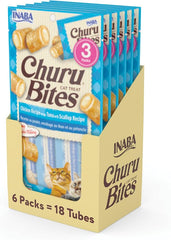 INABA Churu Bites for Cats, Soft Baked Chicken Churu Filled Cat Treats with Green Tea Extract, 0.35 Ounces Each Tube, 18 Tubes Total (3 per Pack), Tuna with Scallop Recipe