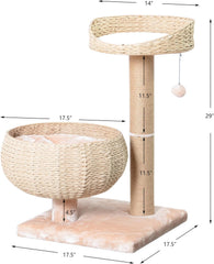 PetPals 3 Level Handwoven Paper Rope Cat Basket Bed and Perch with Scratching Post, Washable, Removeable Curshions, Playful Toy, for Indoor Cat, Light Brown