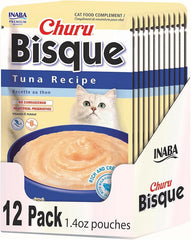 INABA Churu Bisque for Cats, Creamy Lickable Purée Side Dish with Vitamin E, 1.4 Ounces per Pouch, 12 Pouches, Tuna Recipe