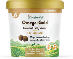 NaturVet – Omega-Gold Plus Salmon Oil | Supports Healthy Skin & Glossy Coat | Enhanced with DHA, EPA, Omega-3 & Omega-6 | for Dogs & Cats | 90 Soft Chews