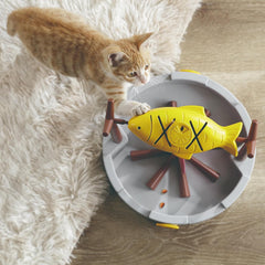 PetPals 11" High Cats Treat-Dispensing Slow Feeder,Pets Dry Food Dispenser,Cats Slow Feeding Snack Bowl, Grilled Fish Spinning Toy, Food Puzzle Cat Toy