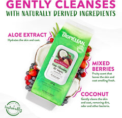 TropiClean Dog Wipes for Paws, Butt, Face, and Body, Anytime Cleaning and Deodorizing Pet Wipes, Safe for Licking, Berry Scent, Cat Safe 100 count