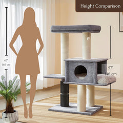 PetPals 57” Grand Maine Coon™ Cat Tree – Lulu, with Extra Large Condo, Removable Top Bed, Thick Sisal Scratching Posts, Full Body Grooming Brush (Gray)