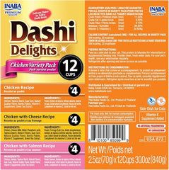INABA Dashi Delights for Cats, Shredded Chicken with Bonito Flake Broth, 2.5 Ounce Cup, 12 Cups Total, Chicken Variety