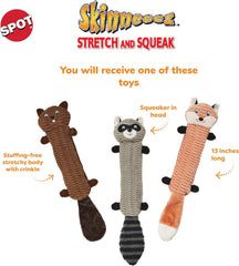 SPOT Skinneeez Stretch and Squeak Dog Toy - Stuffing-Free Stretchy Toy with Crinkle and Squeaker, Fun for Dogs to Tug and Fetch, Assorted Animal Characters - Beaver, Raccoon, or Fox -
