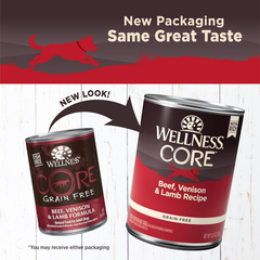 Wellness CORE Natural Wet Grain Free Canned Dog Food, Beef, Venison & Lamb