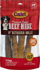 Cadet Premium Grade Beef Hide for Dogs, Long Lasting Rawhide Retriever Rolls, Single Ingredient Dog Chews, Peanut Butter Flavor, 10 Inch