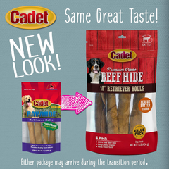 Cadet Premium Grade Beef Hide for Dogs, Long Lasting Rawhide Retriever Rolls, Single Ingredient Dog Chews, Peanut Butter Flavor, 10 Inch