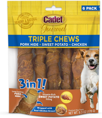 Cadet Gourmet Triple Chews Long-Lasting Pork Hide Sticks with Sweet Potato and Chicken, Healthy Dog Treats for Small & Large Dogs