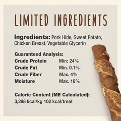 Cadet Gourmet Triple Chews Long-Lasting Pork Hide Sticks with Sweet Potato and Chicken, Healthy Dog Treats for Small & Large Dogs