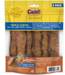 Cadet Gourmet Triple Chews Long-Lasting Pork Hide Sticks with Sweet Potato and Chicken, Healthy Dog Treats for Small & Large Dogs