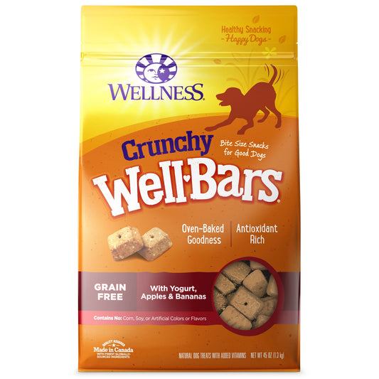 Wellness WellBars Natural Grain Free Crunchy Dog Treats, Yogurt, Apples & Banana, 45-Ounce Bag