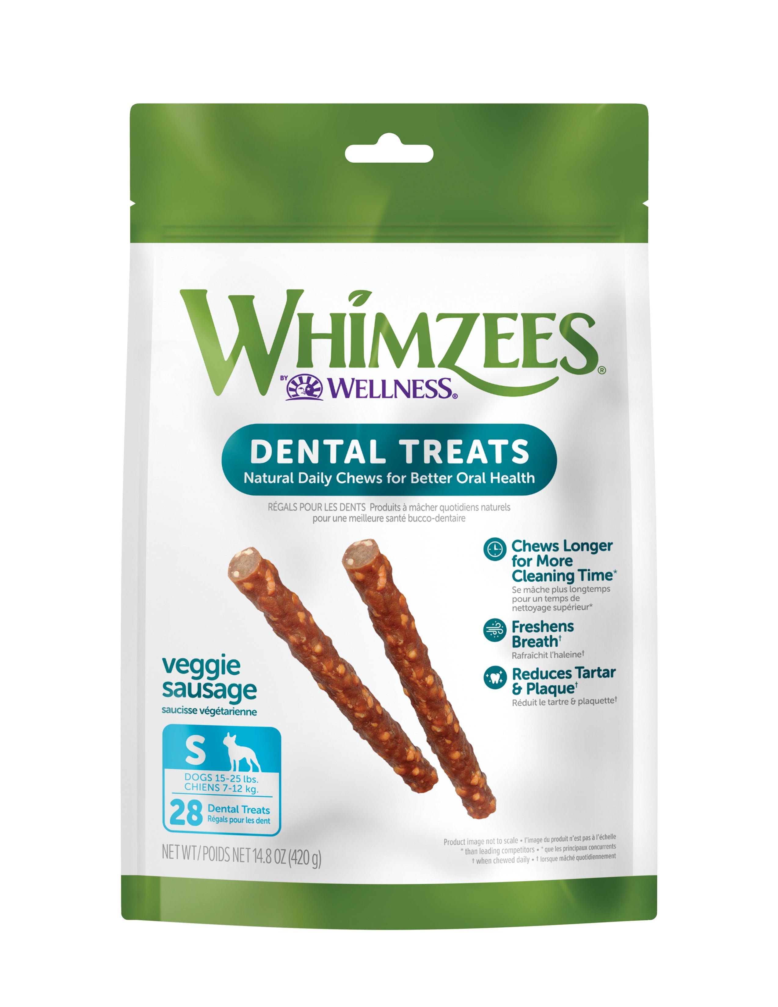 WHIMZEES by Wellness Veggie Sausage Natural Grain Free Dental Chews for Dogs, Small Breed, 28 count