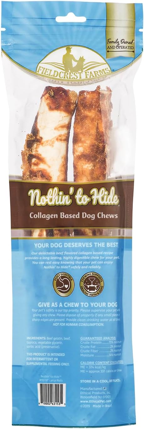 Fieldcrest Farms Nothing to Hide Natural Rawhide Alternative Large 10'' Rolls for Dogs - 2 Pack (Beef)