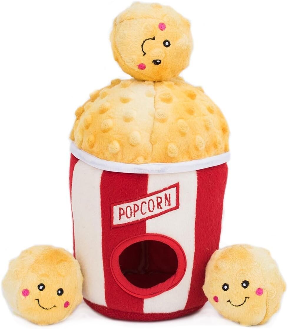 ZippyPaws Burrow, Food Buddies Popcorn Bucket - Interactive Summer Dog Toys for Boredom - Hide and Seek Dog Toys, Colorful Squeaky Dog Toys for Small & Medium Dogs, Plush Dog Puzzles