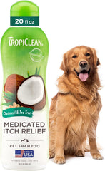 TropiClean Oatmeal Dog Shampoo for Itchy Skin Relief, Soothing Medicated Itch Relief, with Vitamin E, Puppy Safe, Made in USA, Cat Friendly, 20 oz.