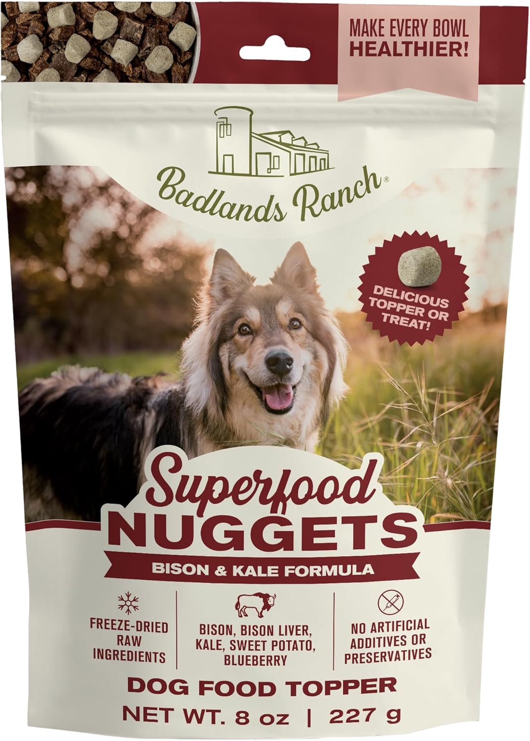 BADLANDS RANCH Superfood Nuggets – Bison & Kale Freeze-Dried Dog Treats (8 oz Bag)