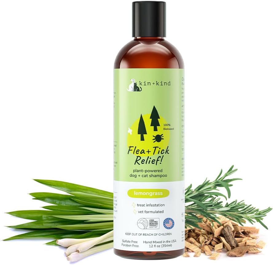 kin+kind Flea and Tick Shampoo for Dogs & Cats Vet Formulated - Plant Powered, Safe and Effective Dog and Cat Shampoo - Lemongrass Scent - Prevent Fleas and Ticks - Made in USA