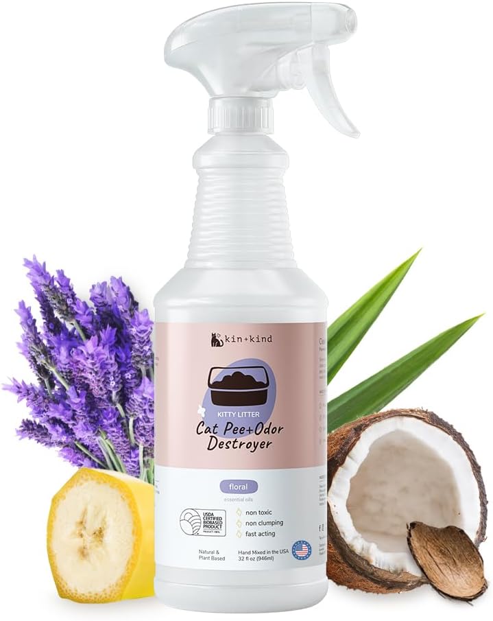 kin+kind Pet Odor Eliminator for Home - Litter Deodorizer, Pet Urine Odor Eliminator Spray and Stain Remover Spray for Harwood Floods, Carpet and Fabric - Pee, Odor and Stain Destroyer