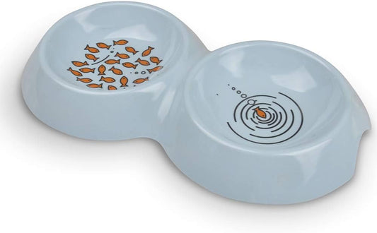 Van Ness Pets EcoWare Double Dish Cat Bowl, Whisker Friendly Feeder, Non-Skid, 16 oz Capacity (8 oz Per Side), Blue