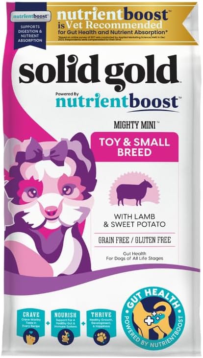 Solid Gold Toy & Small Breed Dry Dog Food Small Bites – Real Lamb, Grain Free, Gluten Free, High Fiber Healthy Kibble w/Probiotics for Gut Health & Digestion Support– All Ages NutrientBoost 3.75-lb
