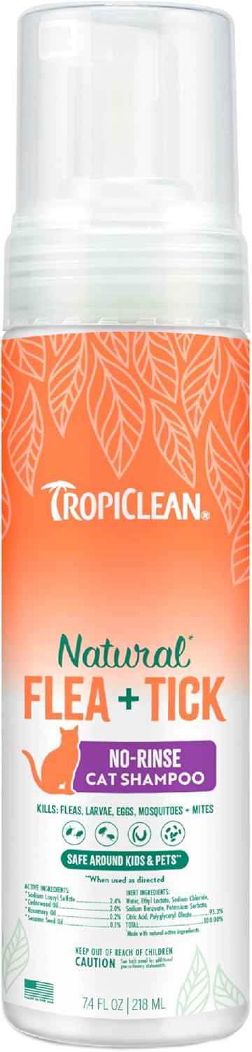 TropiClean Flea and Tick Waterless Shampoo Treatment for Cats, Powerful & Natural Defense, Flea and Tick Prevention for Cats 7.4 oz