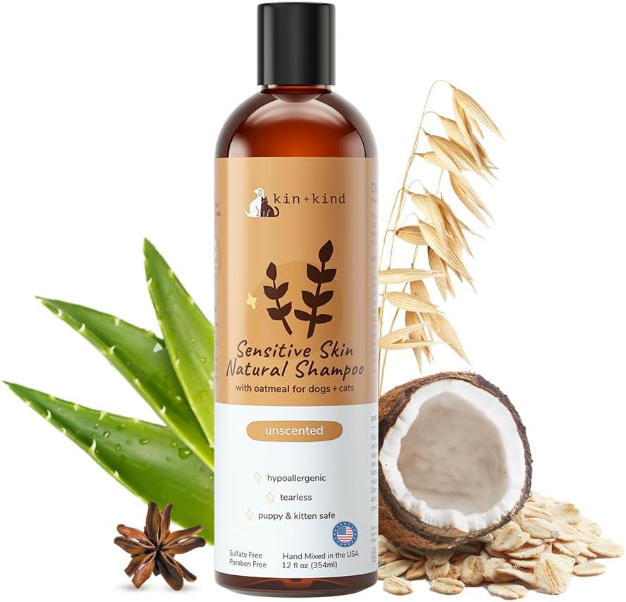 Oatmeal Shampoo for Dogs and Cats by kin+kind - Cat & Dog Shampoo for Sensitive Skin with Colloidal Oatmeal - Safe, Natural Formula with Olive Oil and Coconut Oil