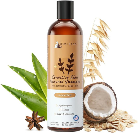 Oatmeal Shampoo for Dogs and Cats by kin+kind - Cat & Dog Shampoo for Sensitive Skin with Colloidal Oatmeal - Safe, Natural Formula with Olive Oil and Coconut Oil