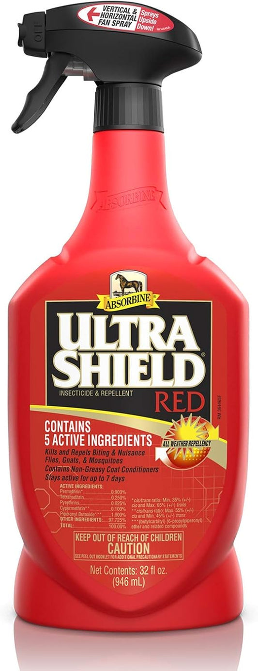 Absorbine UltraShield Red Fly Spray, Insecticide and Repellent for Horses & Livestock, Stays Active Up to 7 Days, 32oz Quart Spray Bottle