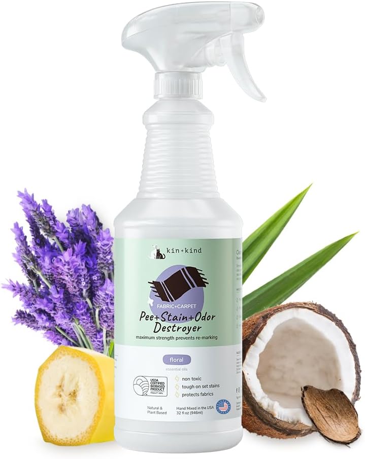 kin+kind Pet Odor Eliminator for Home - Litter Deodorizer, Pet Urine Odor Eliminator Spray and Stain Remover Spray for Harwood Floods, Carpet and Fabric - Pee, Odor and Stain Destroyer