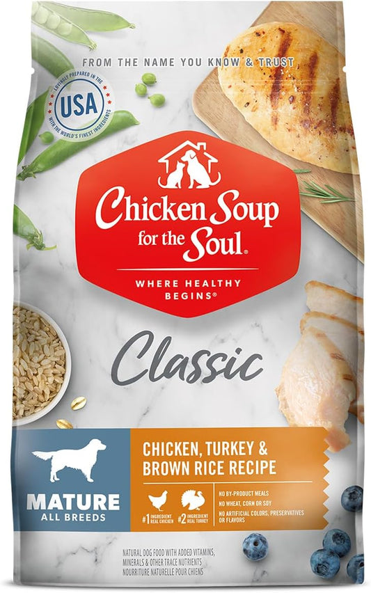 Chicken Soup for the Soul All Natural Premium Senior/Mature Dry Dog Food, Real Meat First Ingredient, No By-Products, Supports Joint Health and Mobility, Chicken, Turkey & Brown Rice