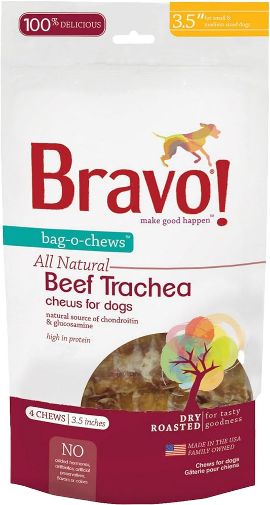 Bravo! Beef Trachea Dog Chews, 3.5 Inch (4 Count) for Small and Medium Breed Dogs, Dry Roasted, High Protein, Natural Source of Chondroitin and Glucosamine