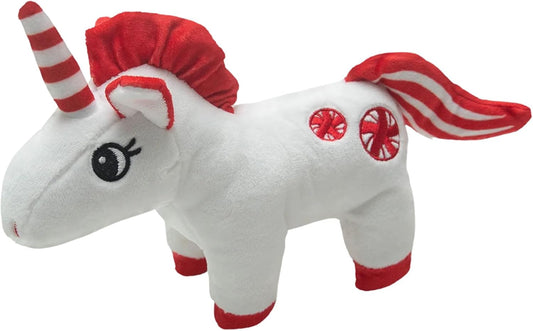 Snugarooz Pepper The Unicorn with Repair Patch - Holiday Plush Dog Toy, Peppermint Style - Crinkle & Squeaker - Festive Soft Chew Toy for Dogs