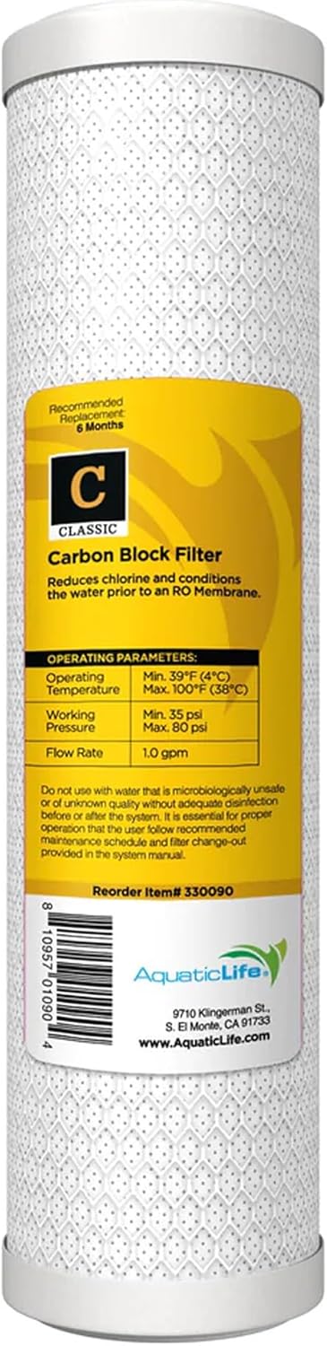 Aquatic Life 10-Inch Pre Carbon Block Replacement Filter Cartridge for RO-DI System Units for Aquarium