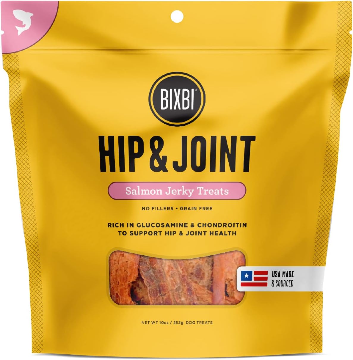 BIXBI Hip & Joint Support Salmon Jerky Dog Treats - USA Made Grain Free Dog Treats - Glucosamine, Chondroitin for Dogs - High in Protein, Antioxidant Rich, Whole Food Nutrition, No Fillers