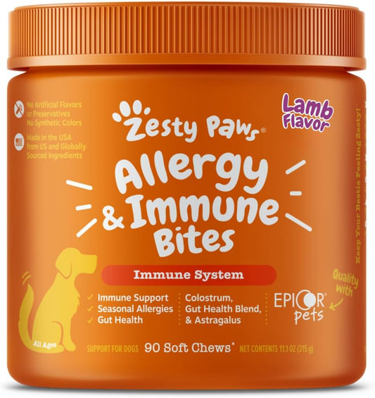 Zesty Paws Dog Allergy Relief- Dog Itching Skin Relief- Dog Probiotics for Itchy Skin and Itchy Ears- Dog Allergy Paw Relief- Dog Allergy Chews- Dog Itch Relief - Dog Skin Allergy Relief - Lamb - 90ct