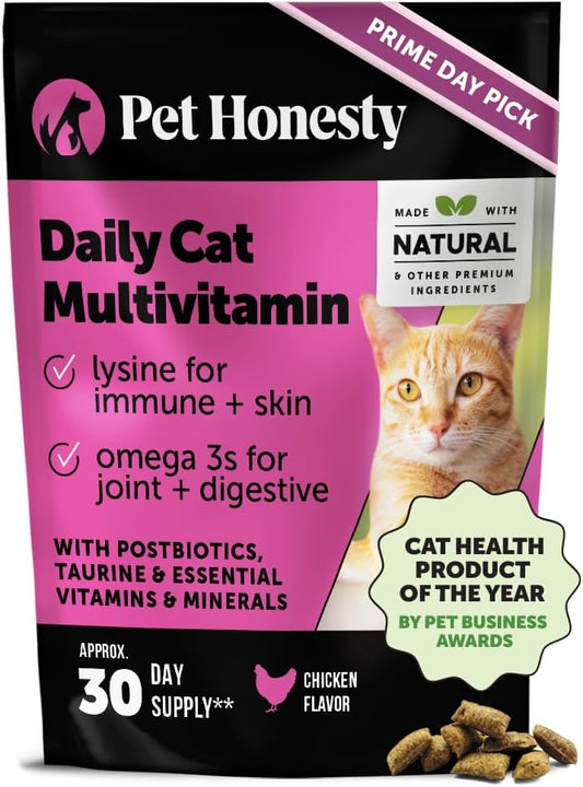 Cat Multivitamin Crunchy & Creamy Chews - Cat Treats for Health + Immune, Joint Support, Skin & Coat, & Digestion - Vitamins with Omega 3s, Lysine & Probiotics (30 Day Supply)