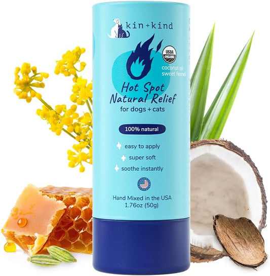 kin+kind Hot Spot Treatment for Dogs & Cats- Itch Relief, Skin Soothing and Healing Balm - Coconut Oil, Beeswax, Sweet Fennel Oil - All Natural - Made in USA