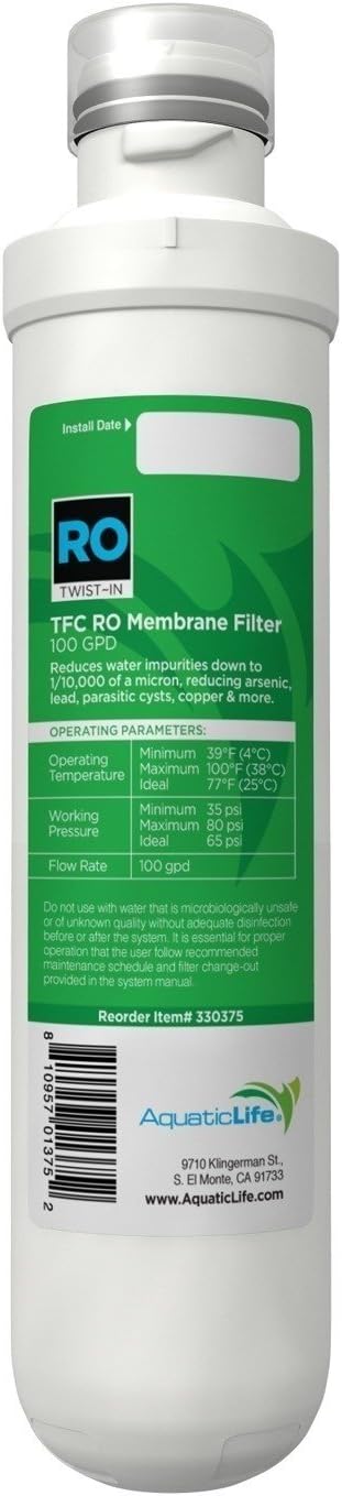 Aquatic Life Twist-in 100 GPD TFC RO Membrane Filter Replacement Cartridge for Reverse Osmosis Deionization Water Filter System RO/RODI Units, White