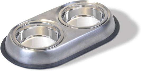 Van Ness Pets Stainless Steel Double Dish Food And Water Bowl For Cats/Small Dogs, Wide No-Tip Base
