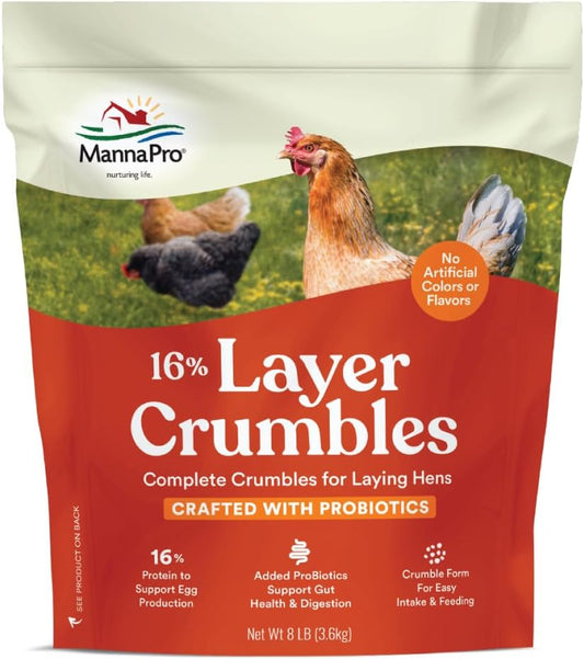 Manna Pro Chicken Feed, 16% Protein Layer Crumbles with Probiotics for Digestive Health, Complete Feed for Laying Hens to Support Egg Production, Nutrient-Rich Chicken Food, Made in USA, 8 lb Bag