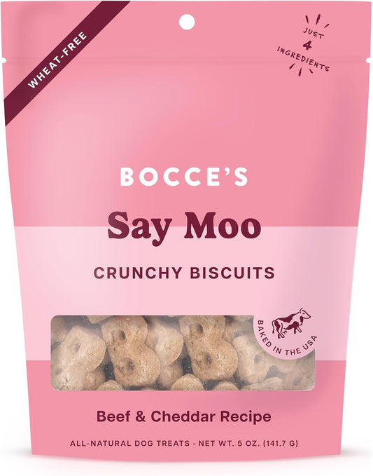Bocce's Bakery Oven Baked Say Moo Treats for Dogs, Everyday Wheat-Free Dog Treats, Made with Real Ingredients, Baked in The USA, All-Natural Beef & Cheddar Biscuits, 5 oz
