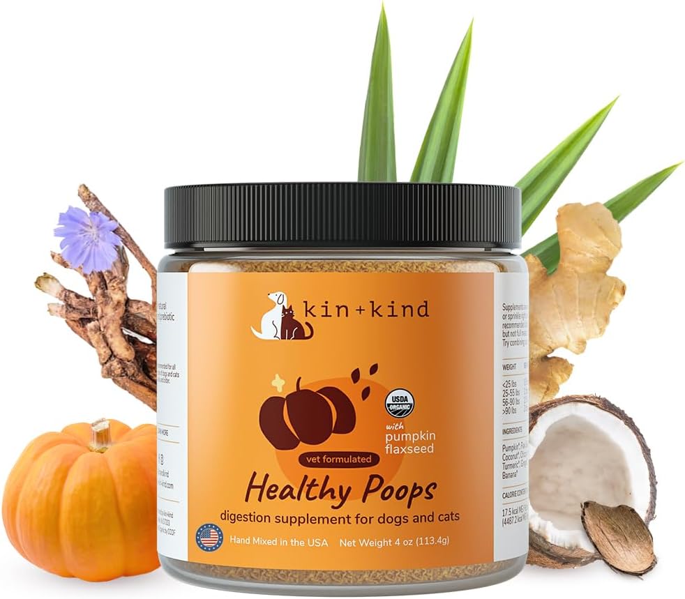 kin+kind Organic Pumpkin Powder for Dogs & Cats for Healthy Poop - Made in USA - Natural Pumpkin Powder Formula w/Flax Seed, Ginger, Turmeric & Coconut - Nutritional Supplement
