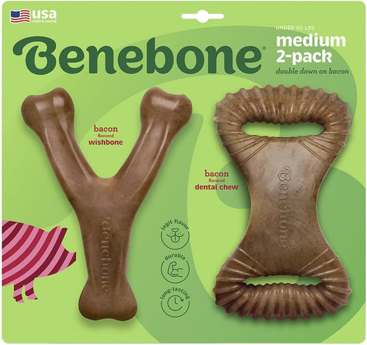 Benebone Medium 2-Pack w/Wishbone & Dental Chew Bacon Flavor Dog Chew Toys