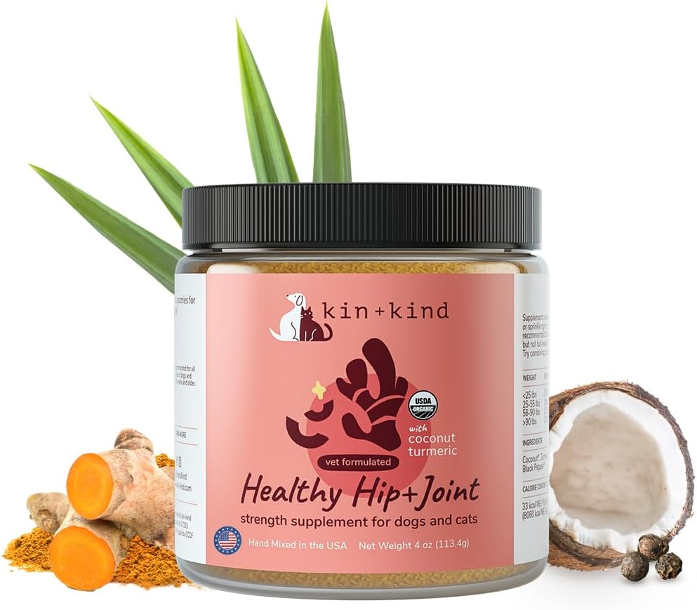 kin+kind Hip+Joint Supplement Dogs & Cats - Organic Healthy Hip+Joint Supplement - Vet Formulated Natural Formula with Organic Turmeric, Black Pepper and Coconut- Large 8oz - Made in USA