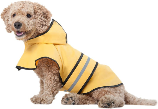Fashion Pet Rainy Days Slicker - Yellow Dog Rain Jacket With Hood, Reflective Strip for Safety, Leash Hole & Adjustable Velcro Belly Strap, 100% Polyester Water Resistant Pet Raincoat